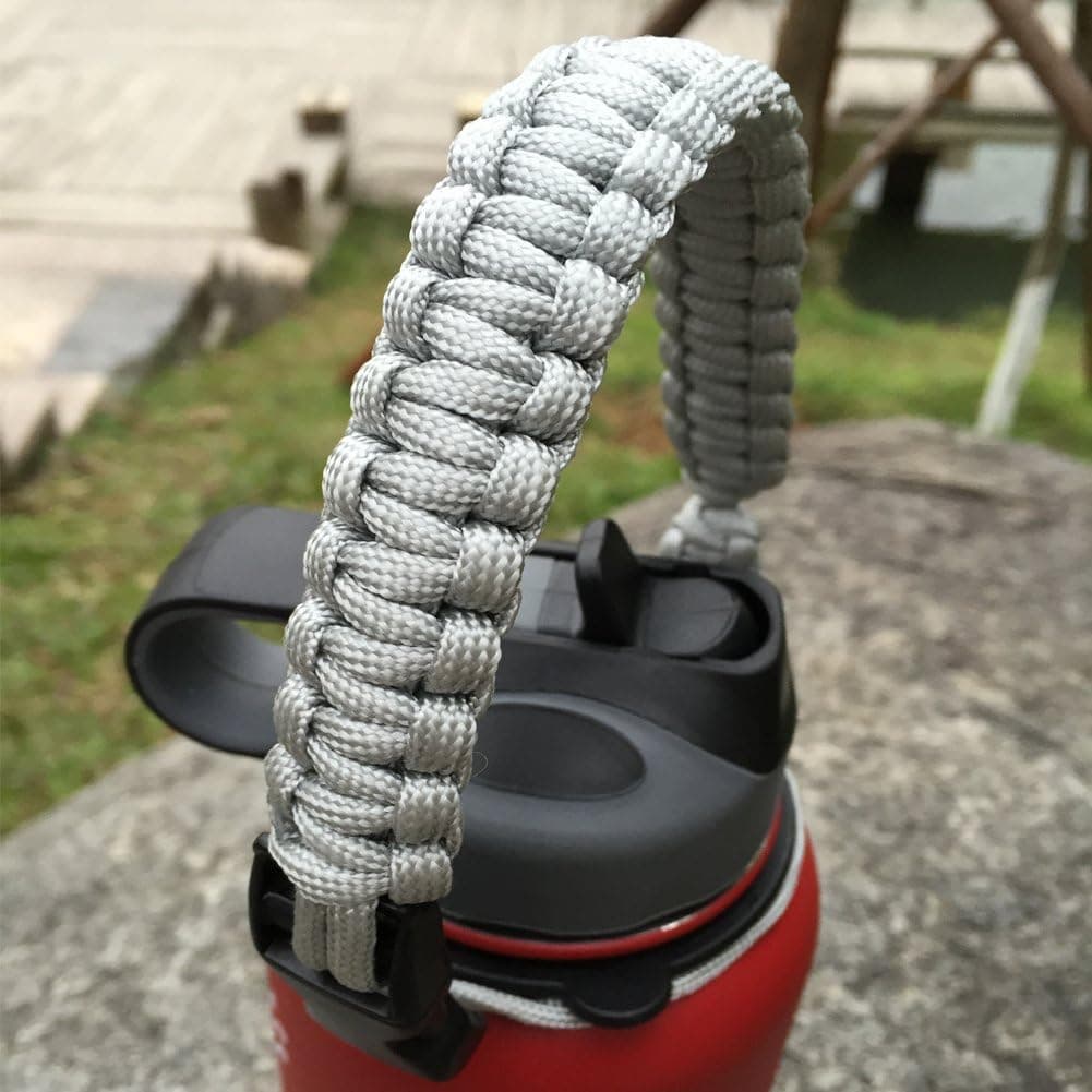 Handle/Carrier for Hydro Flask Wide Mouth Bottles with Security Ring,Paracord Survival Strap Handles with Carabiner. (Silver)