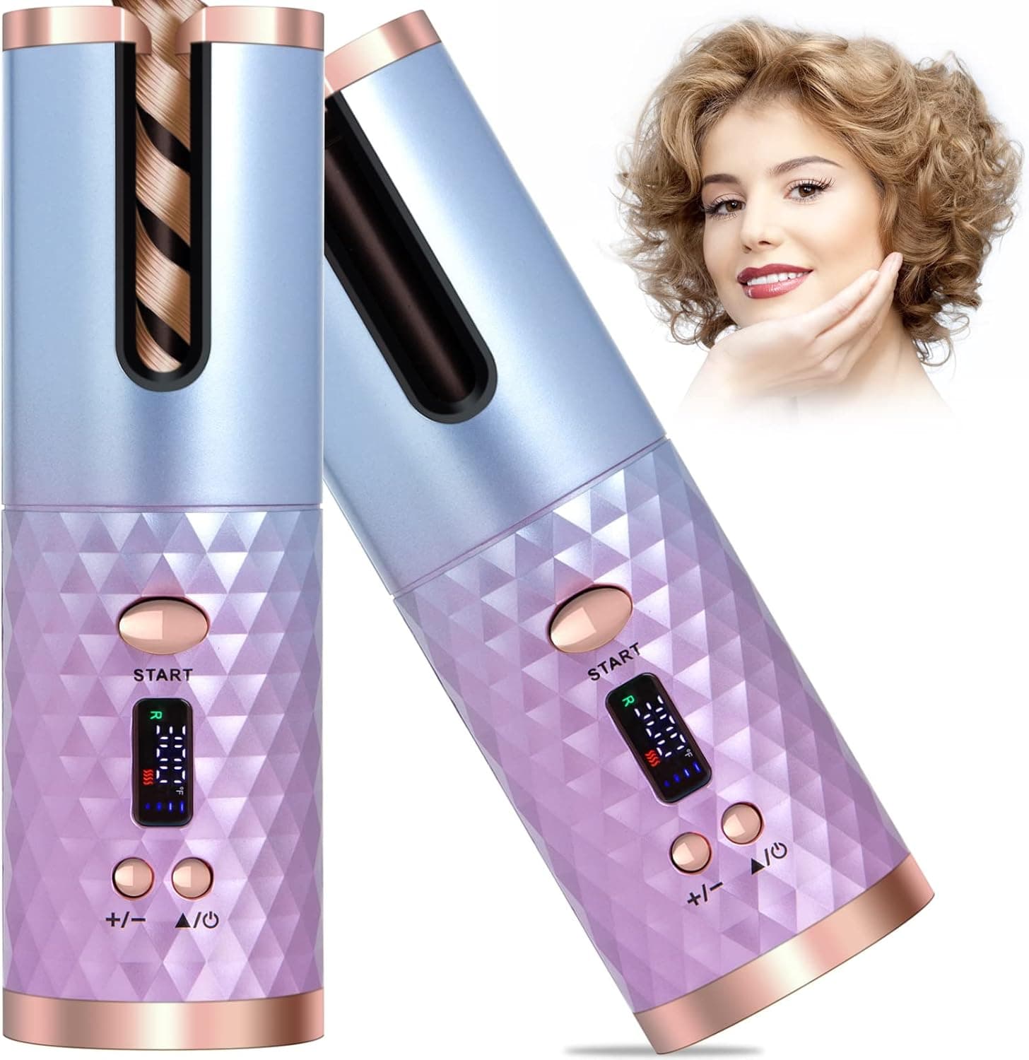 Ombsyej Automatic Curling Iron, Cordless Auto Hair Curler Ceramic Rotating Hair Curler with 6 Temps & Timers, LCD Display USB Rechargeable Curling Wand, Fast Heating Iron for Styling