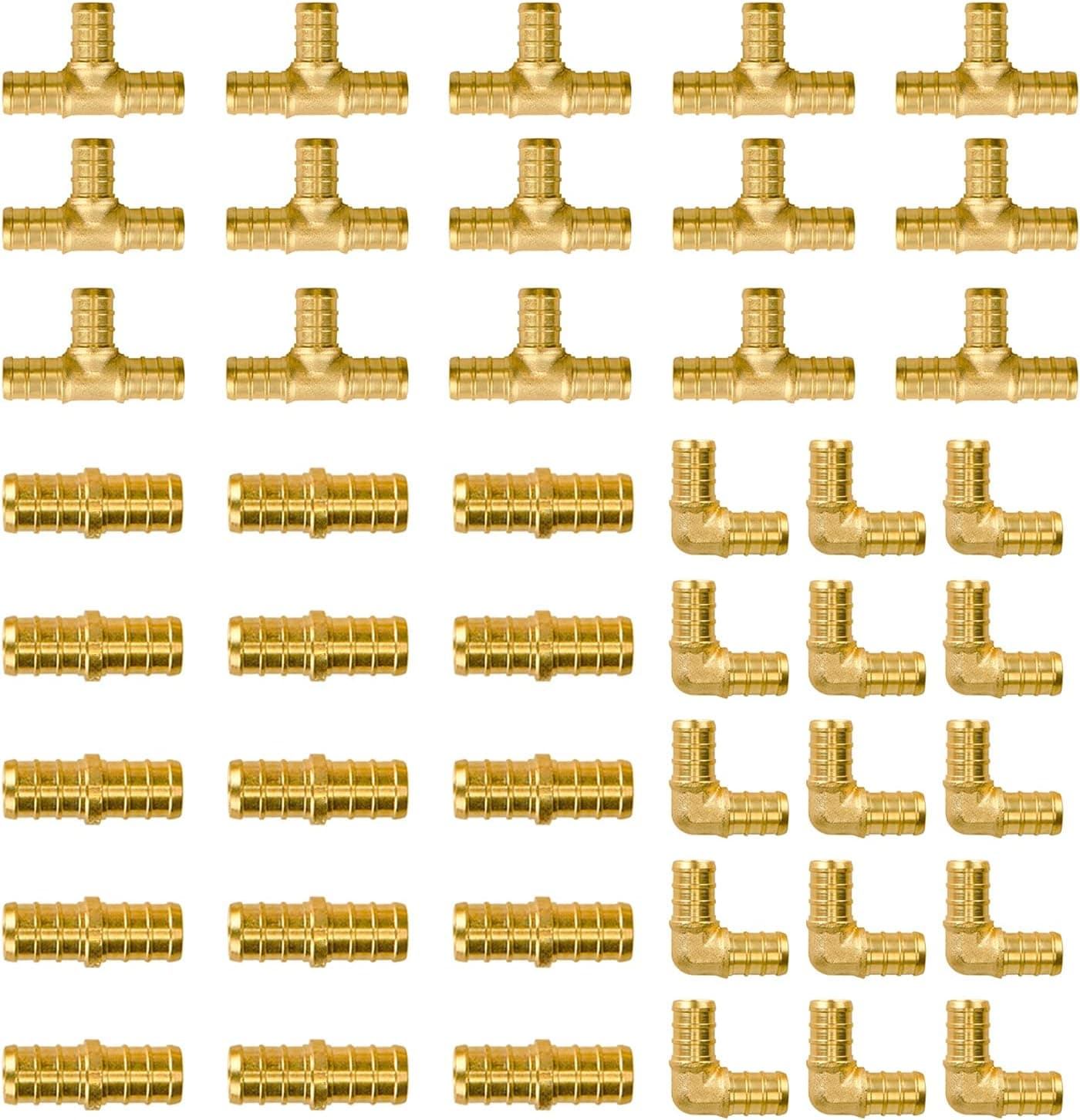 SUNGATOR 45-Pack Pex Fittings, 1/2 inch 15 EACH 90 Elbow Tee Coupling, No Lead Brass For PEX Pipe Plumbing Projects