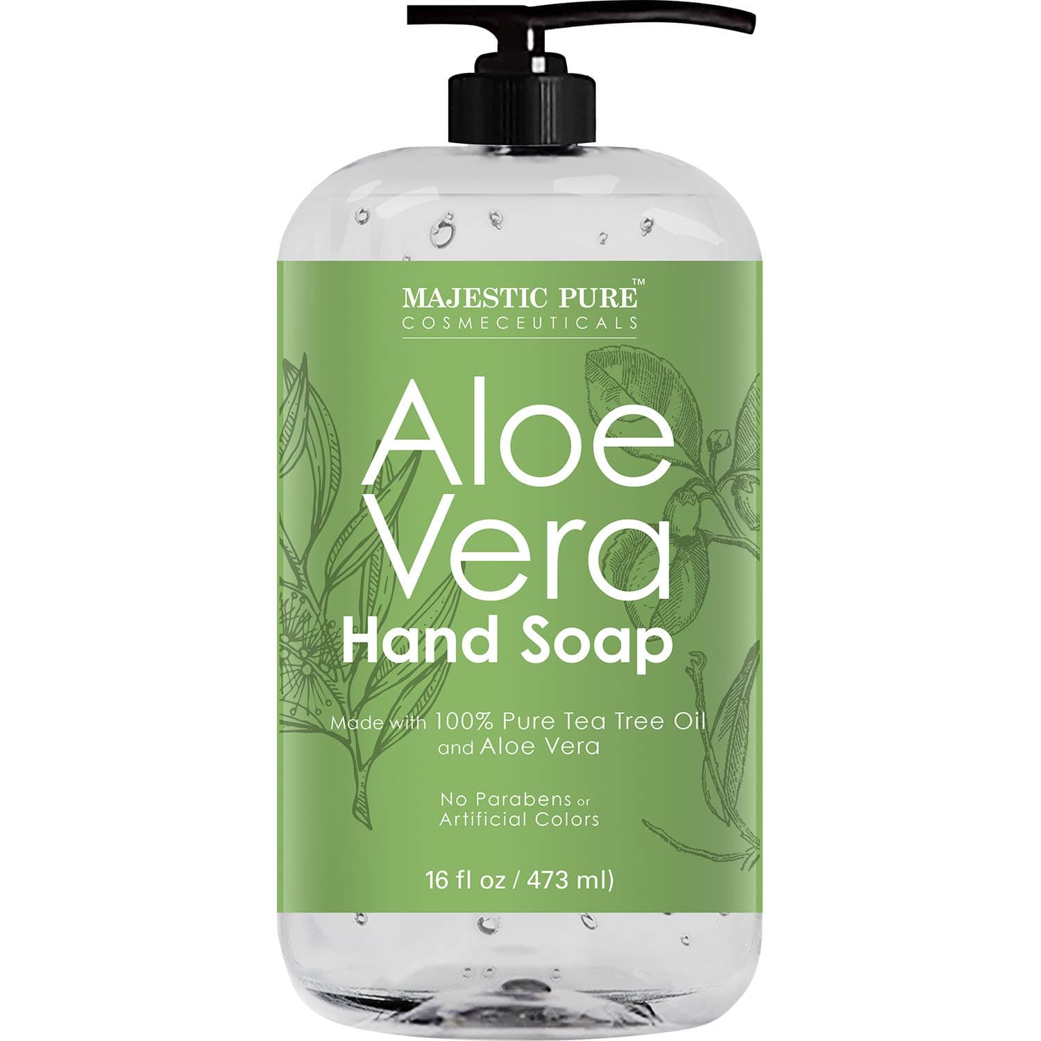 MAJESTIC PURE Aloe Vera Liquid Hand Soap - Multi Purpose Hand Wash with Therapeutic Tea Tree, Spearmint & Peppermint Oils, Pump Dispenser, Sulfate Free - 16 fl oz