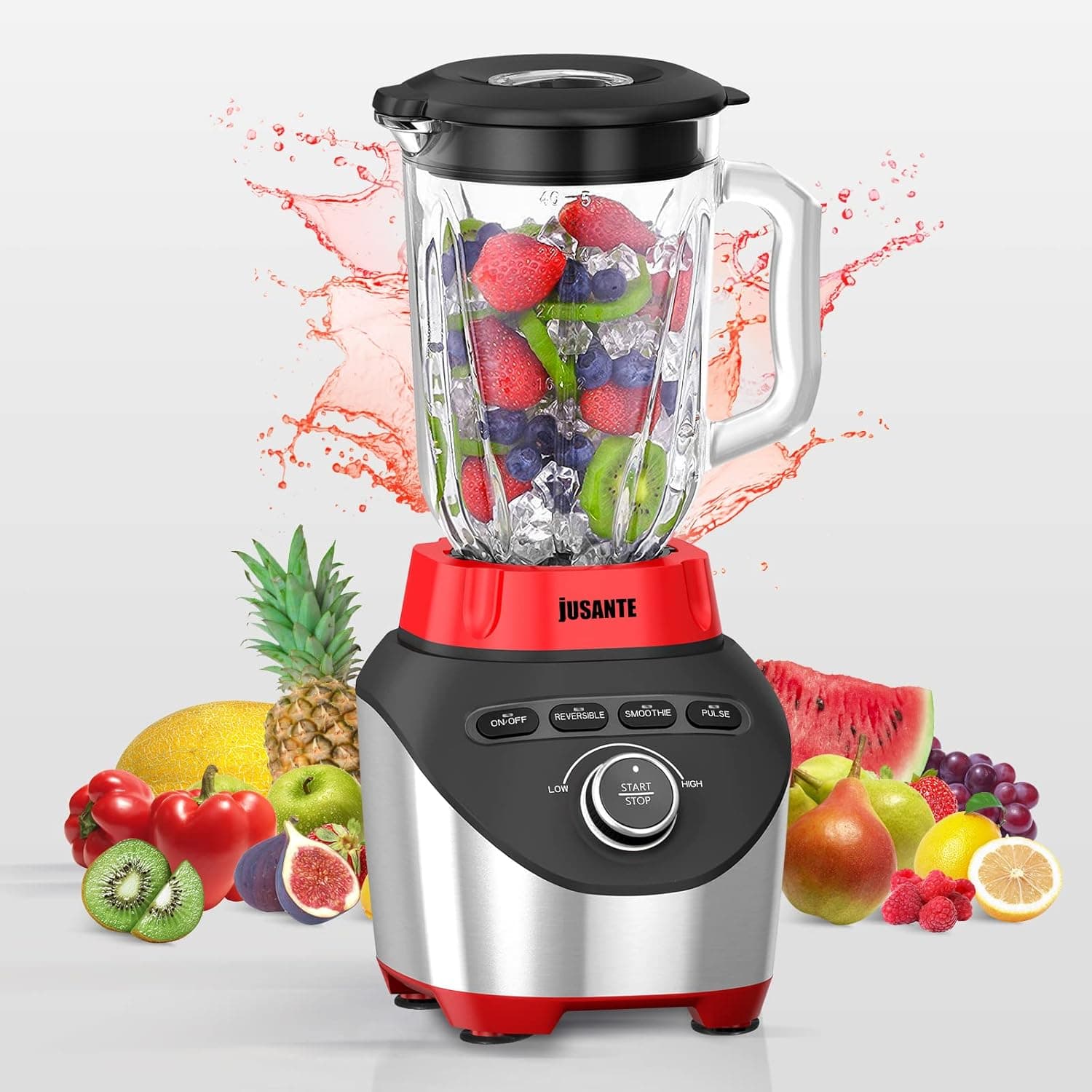 JUSANTE Blender for Shakes and Smoothies with 60 oz Glass Jar Kitchen Countertop Blender with 1200 Watts High Speed Ice Crusher Blender Smoothie Blender for Shakes Frozen Drinks(Red)