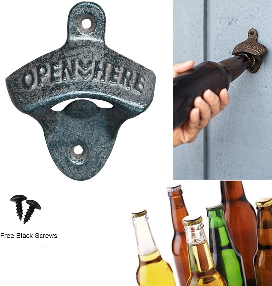 LAUYOO Wall Mounted Bottle Opener with Free Mounting Screws Rustic Farmhouse Cafe Bar Cast Iron Open Beer and Soda in Style Easily, Open here Metal Retro Cap Catcher