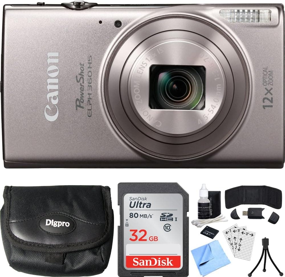 Canon PowerShot ELPH 360 HS Silver Digital Camera 32GB Card Bundle includes Camera, 32GB Memory Card, Reader, Wallet, Case, Battery, Mini Tripod, Screen Protectors, Cleaning Kit and Beach Camera Cloth