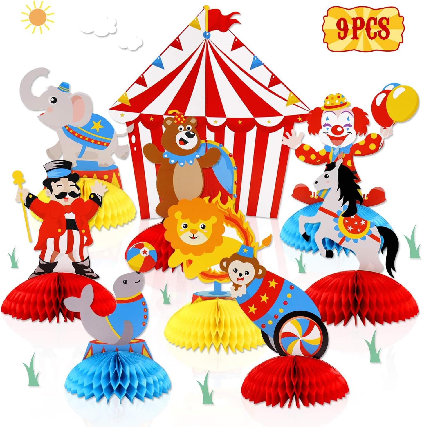 Distaratie Circus Carnival Animals Honeycomb Centerpieces 3D Table Decorations for Circus Carnival Birthday Baby Shower Party Decorations Supplies Set of 9