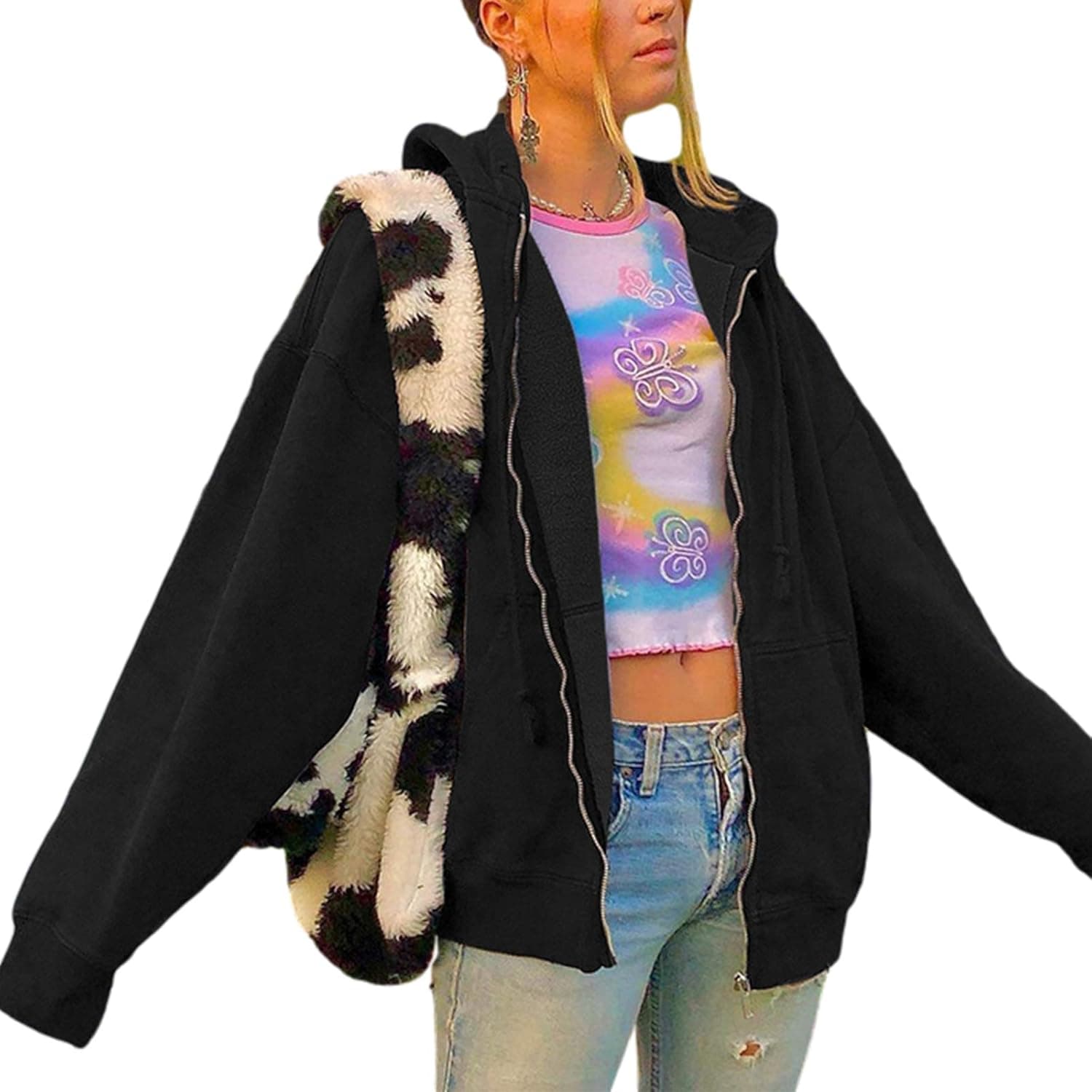 Listenwind Women's Vintage Butterfly Zip Up Hoodie Oversized Casual Drawstring Hoodie E-Girl 90s Streetwear Jacket