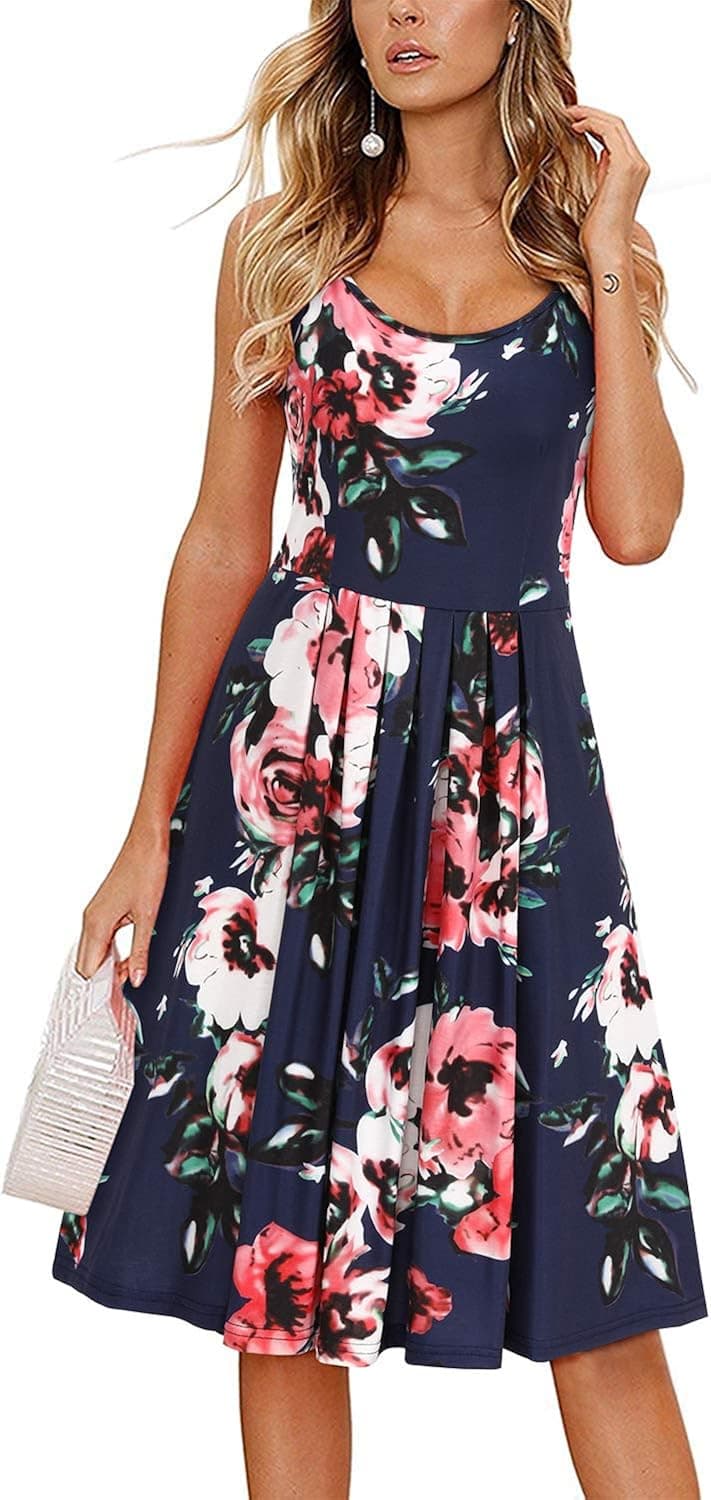 STYLEWORD Women's Round Neck Floral Spaghetti Strap Summer Dress Midi Swing Casual Sundress