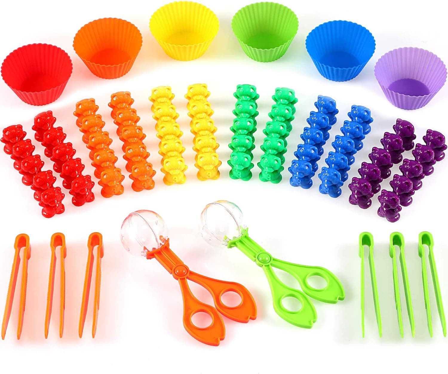 74 Pieces Counting Sorting Bears Fine Motor Skills Handy Scoopers Set Includes 60 Cute Rainbow Sorting Bears, 6 Jumbo Tweezers, 2 Scissors Clips and 6 Colorful Sorting Cups for Children Over 6