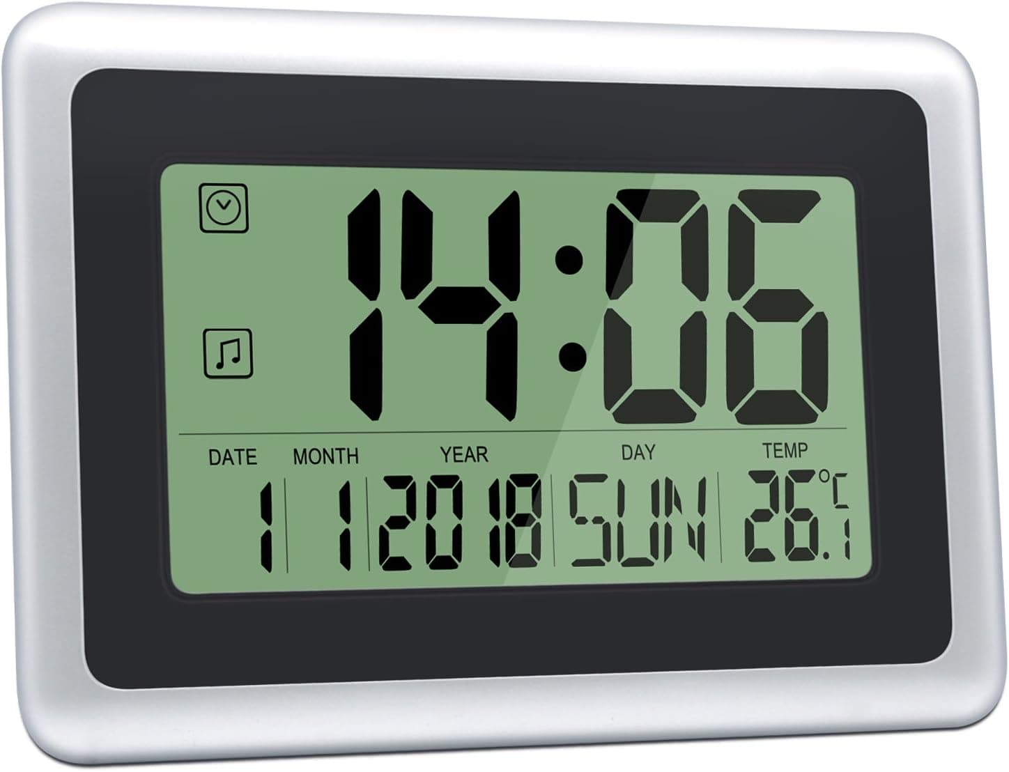 HeQiao Digital Clock with Calendar & Temperature, Large LCD Screen Alarm Clock with Extra Large Digits, Easy to Read and Set, Perfect for Seniors (Black w/Silver)