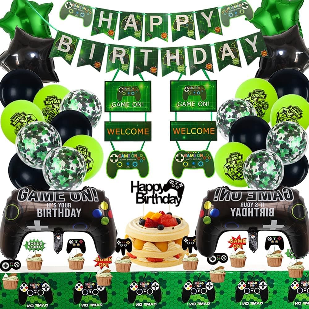 Video Game Party Supplies Gamer Birthday Decorations for Boys Video Game Party Balloons Game Controller Balloons HAPPY BIRTHDAY Banner,GAME ON Welcome Hanging Decor and Game Theme Cupcake Topper
