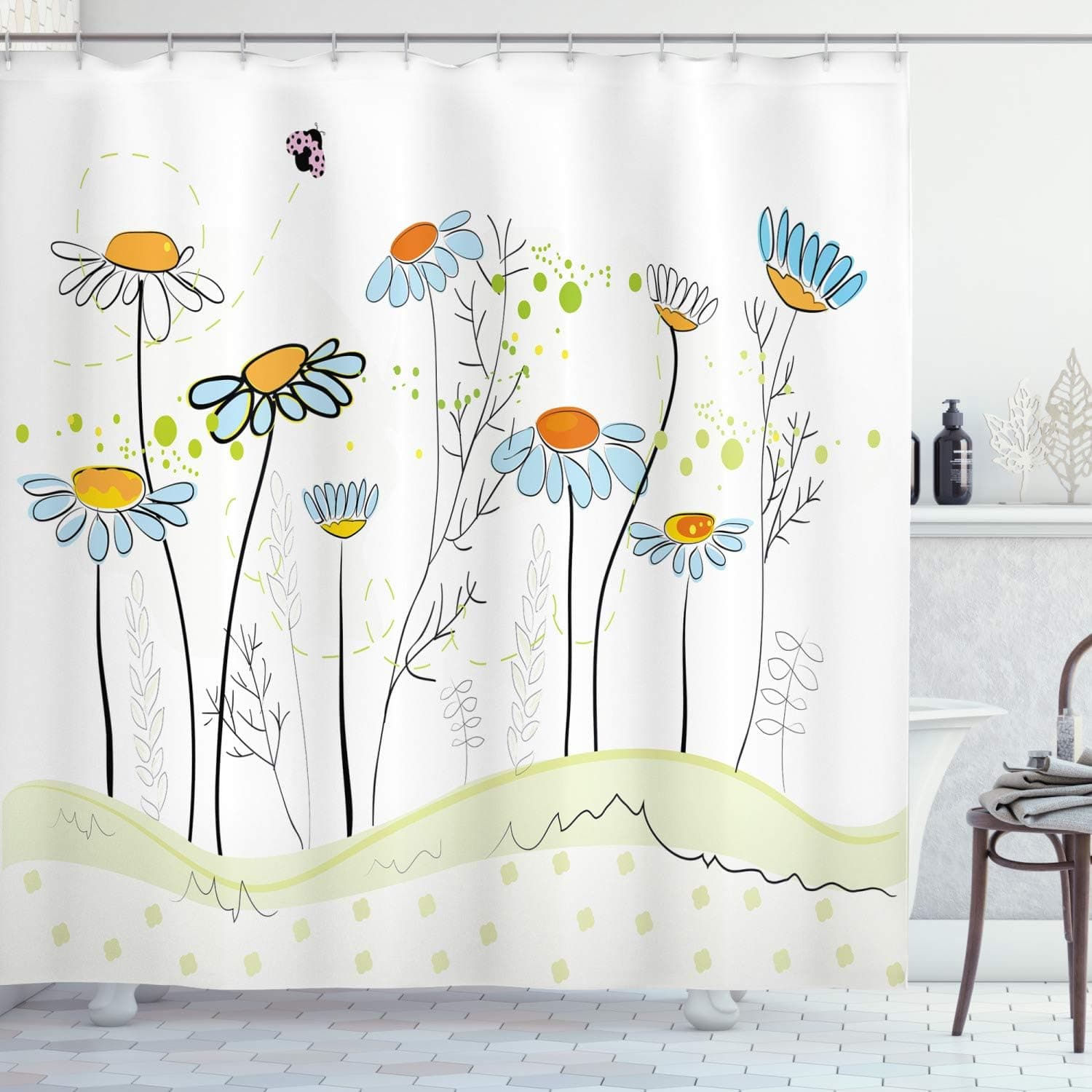 Ambesonne Floral Shower Curtain, Gardening Theme Daisy Flowers in Spring Illustration Romantic Design, Cloth Fabric Bathroom Decor Set with Hooks, 69" W x 70" L, Yellow Blue