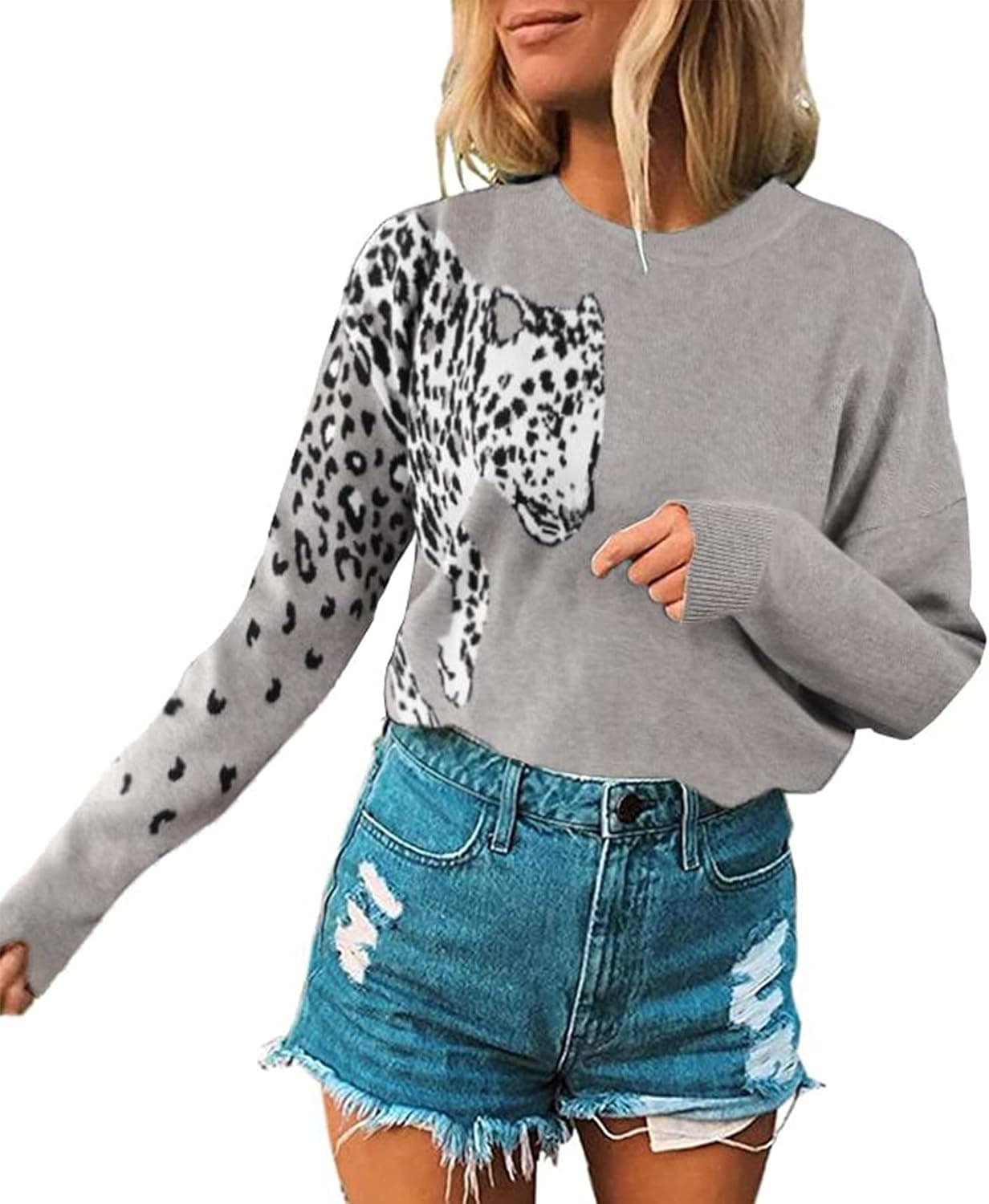 Angashion Women's Sweaters Casual Leopard Printed Patchwork Long Sleeves Knitted Pullover Cropped Sweater Tops