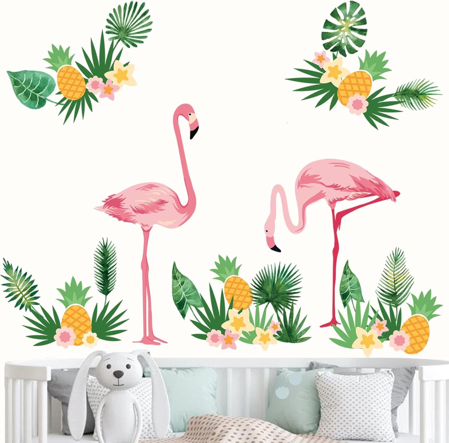 decalmile Pink Flamingo Wall Stickers Tropical Tree Leaves and Pineapple Wall Decals Bedroom Living Room Background Wall Art Decoration