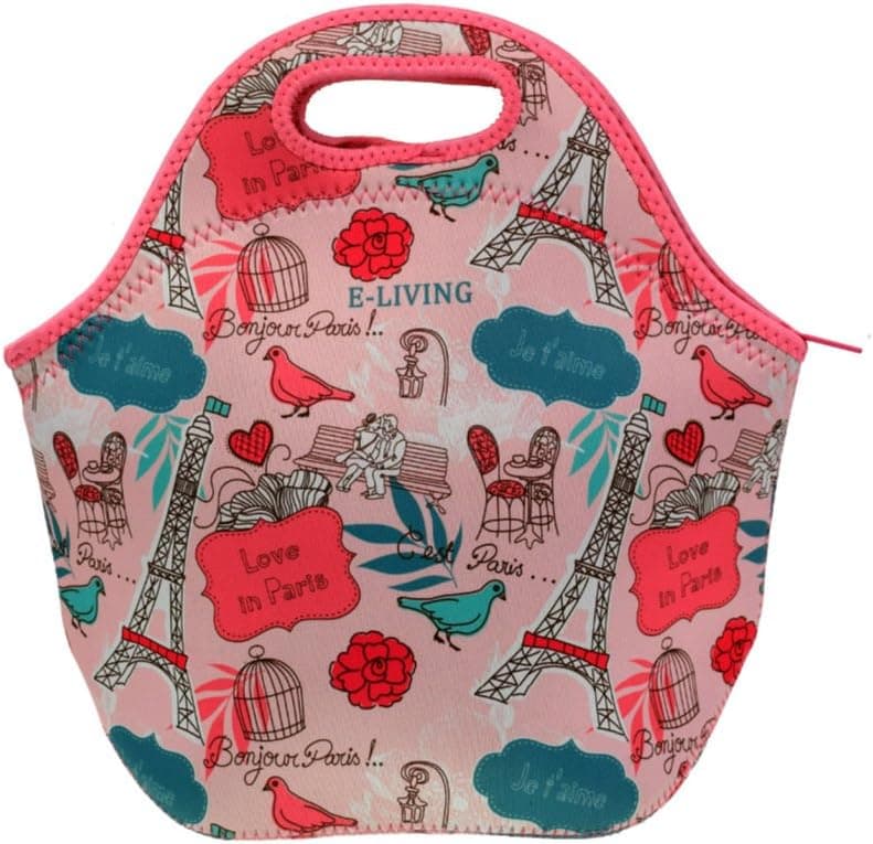 E - Living Neoprene Lunch Tote Bag - 7 Designs (USA/London / Paris/White Dots/Vintage Roses) (Love in Paris)