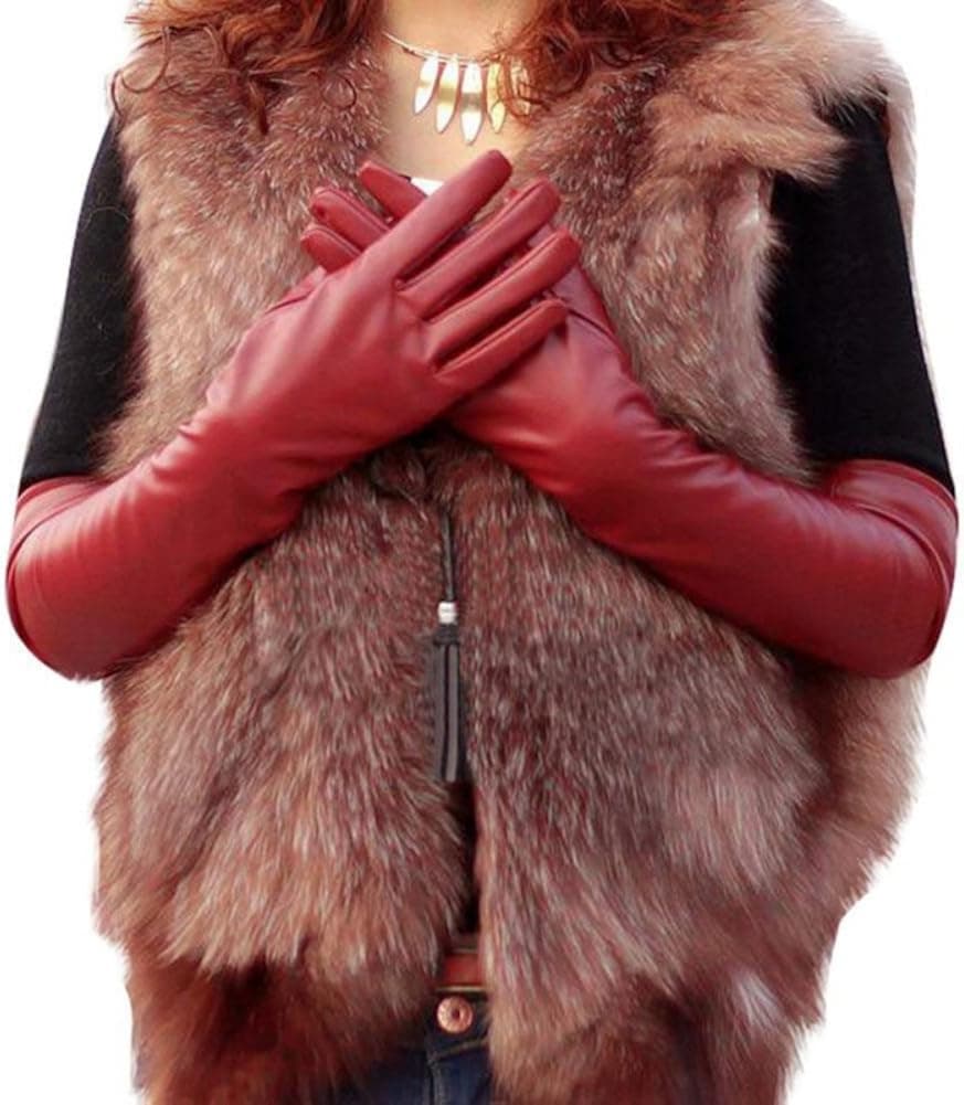 Norbi Womens Arm Long Genuine PU leather Warmer Evening Party Finger Red Gloves Gift Burgundy