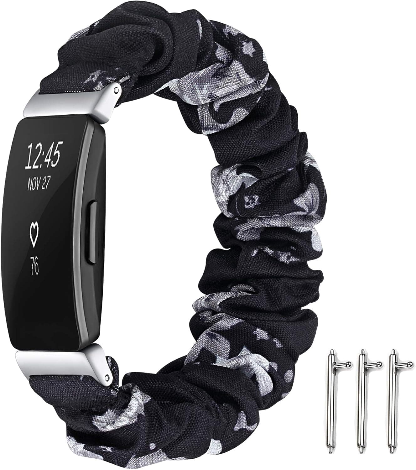 fastgo Compatible with Fitbit Inspire 2/Inspire HR Bands/Scrunchie Fit Bit Inspire Band, Women Girls Fancy Elastic Bracelet Stretchy Soft Fabric Replacement Wristbands Straps (Gray Flower)