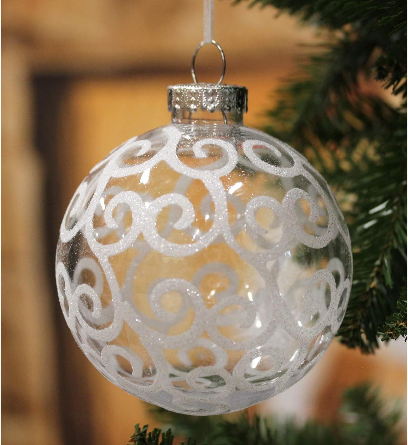 Sleetly Large Clear White Swirl Shatterproof Christmas Balls Ornaments for Tree Decorations, 4.72" with Ribbon Hangers