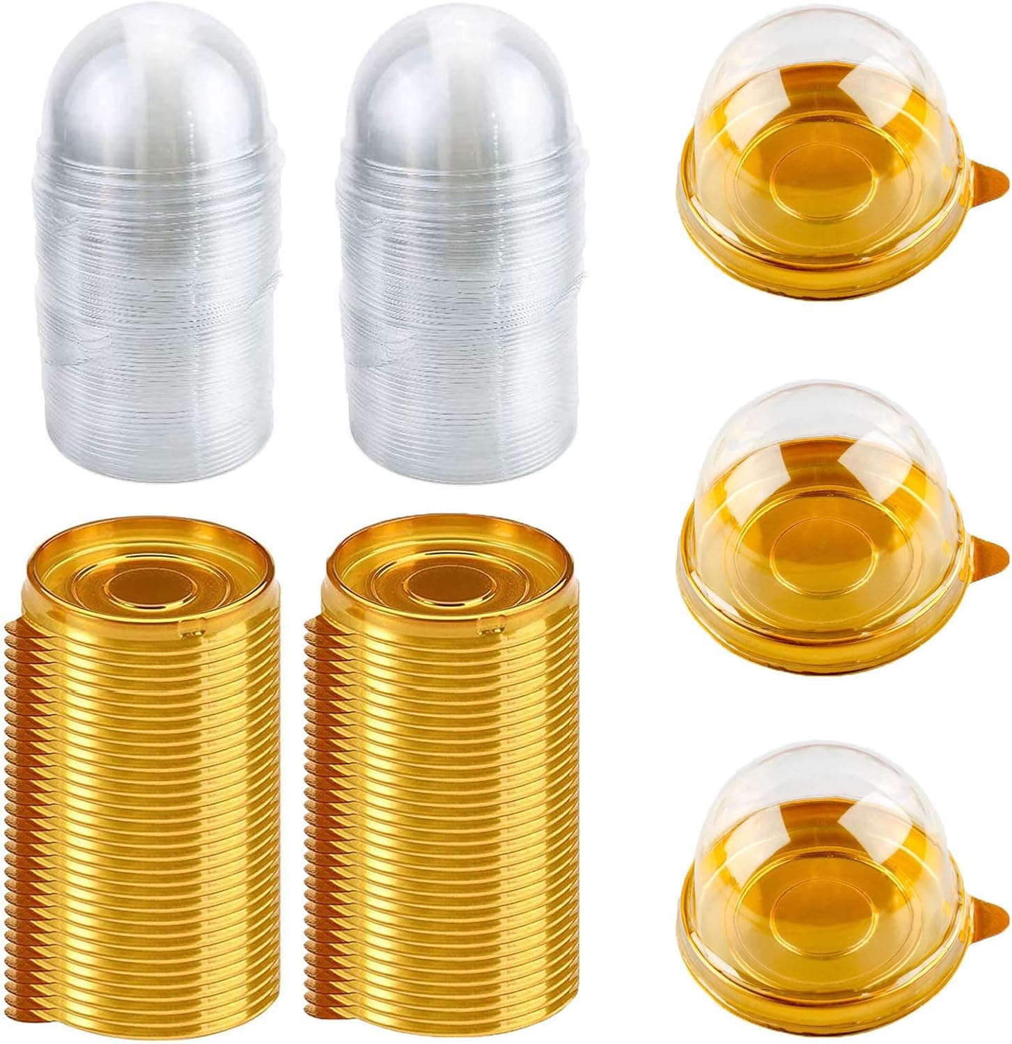 100 PCS Clear Plastic Mini Cupcake Box Round Cupcake Mooncake Dessert Container Box Cookies Muffins Dome Box for Weddings Birthdays and Other Holiday Parties Gift Box (Gold)