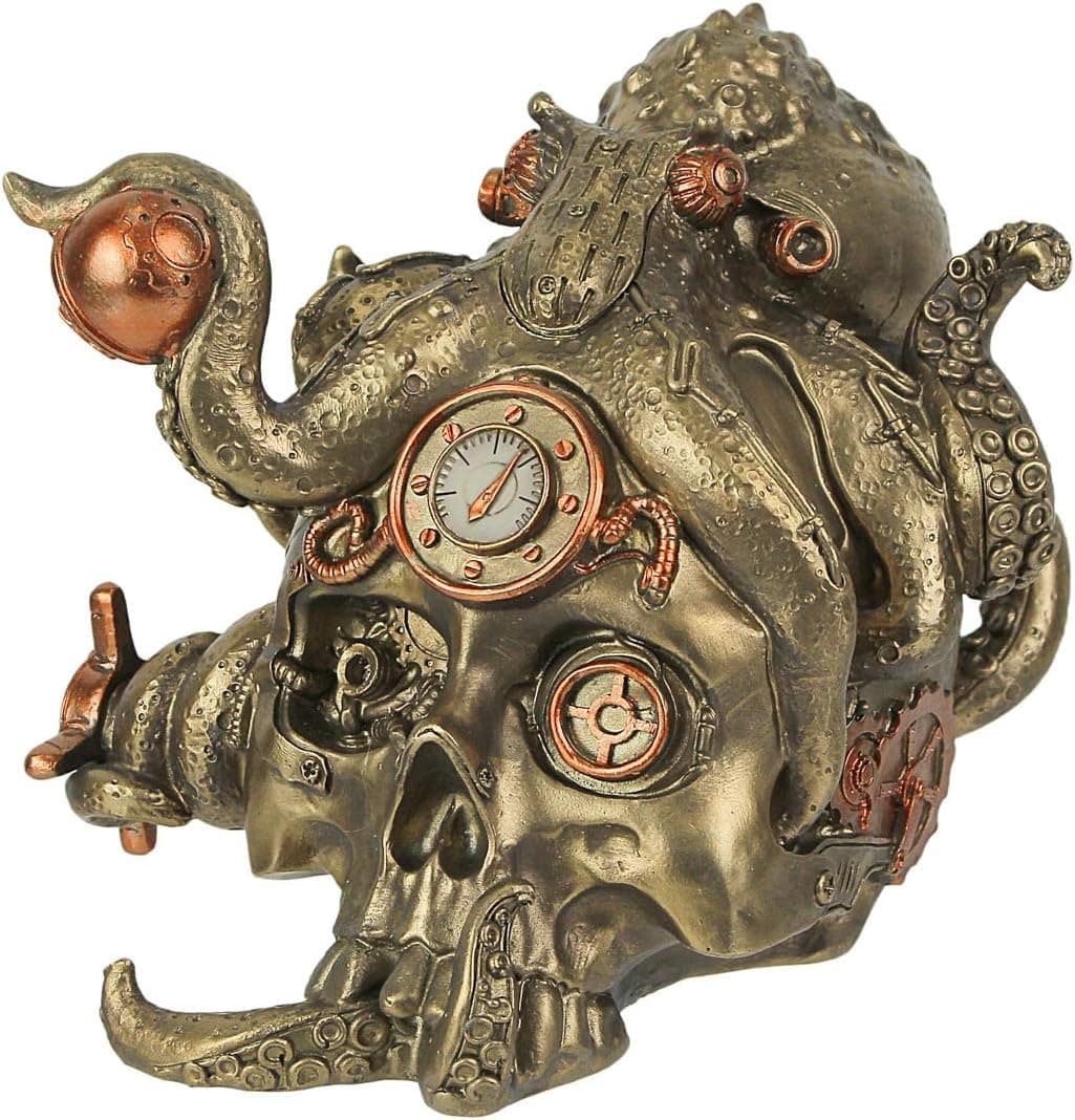 Zeckos Antiqued Bronze Finish Metallic Abyssal Bones Steampunk Mechanical Octopus Skull Tabletop Resin Statue Gothic Decor 6.75 Inches Long