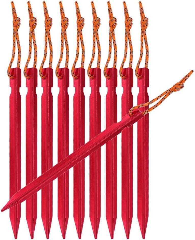 Hikemax Ultralight Aluminum Tent Stakes Rhombic Tent Pegs with Reflective Pull Cords & Pouch, Red