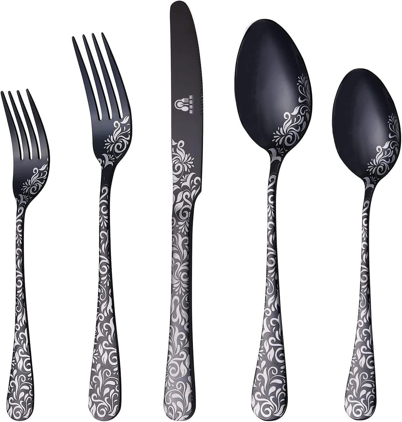 20-Piece Flatware Set, SHUCHENGMAOYI Stainless Steel Silverware Cutlery Set for 4, Unique Pattern Design, Dishwasher Safe (Black)