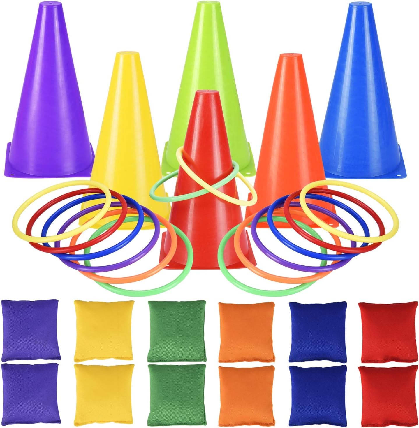 31 PCS Outdoor Carnival Games, 3 in 1 Bean Bag Ring Toss Games for Kids Birthday Party, Plastic Soft Cones Yard Lawn Game for Family Party Easter Kid's Gift