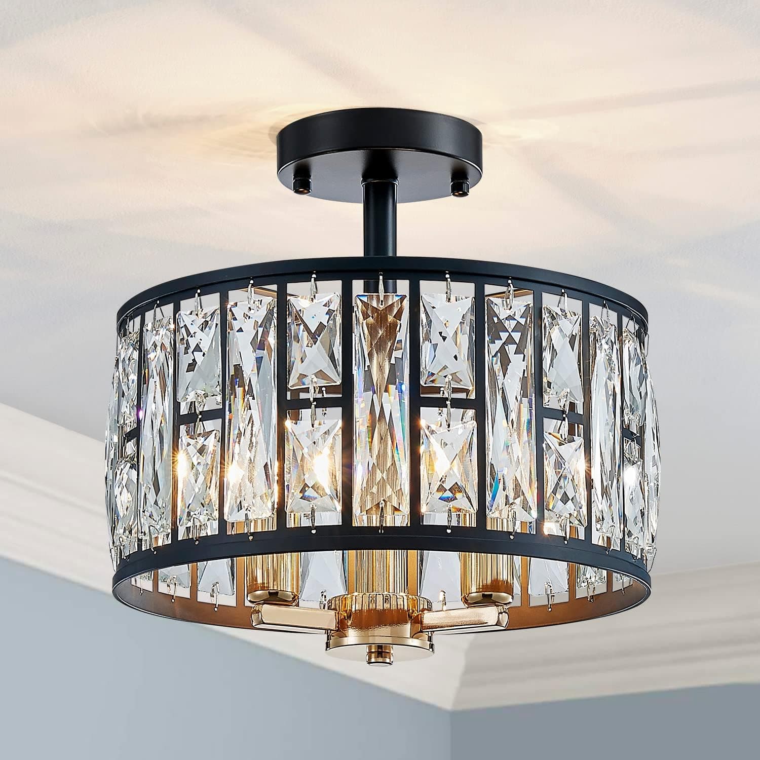 AGV LIGHTING CH014BB K9 Crystal Semi Flush Mount Ceiling Light Fixture, E12 Base 3-Lights, D13 x H12, Crystal Lamp Shade, Matte Black & Light Gold Finish