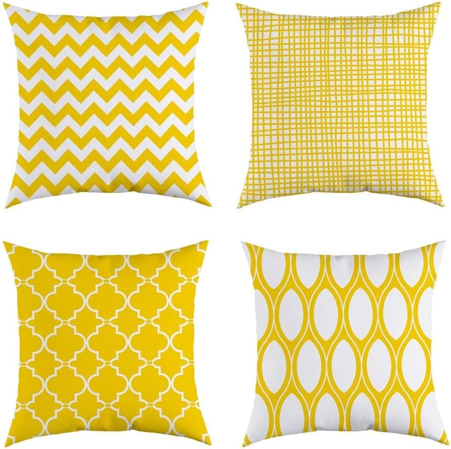 4TH Emotion Set of 4 Sunny Yellow Geometric Throw Pillow Cover Cushion Case for Sofa Couch 18" x 18" Inch Cotton Canvas