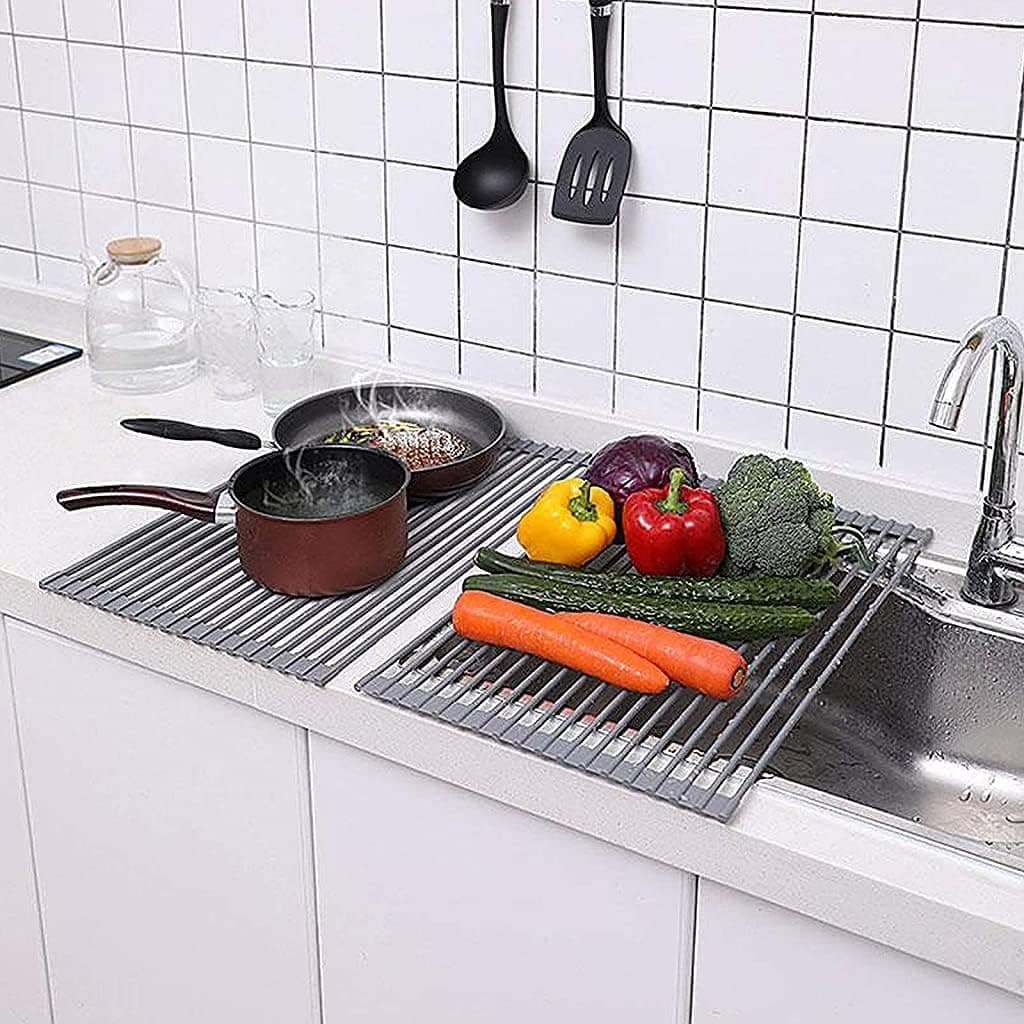mcyiqihai Over The Sink Dish Drying Rack, Kitchen Sink Roll Up Counter Top Dish Drainer, Foldable Silicone and Stainless Iron Dish Drying Shelf (16.9"x12.8")