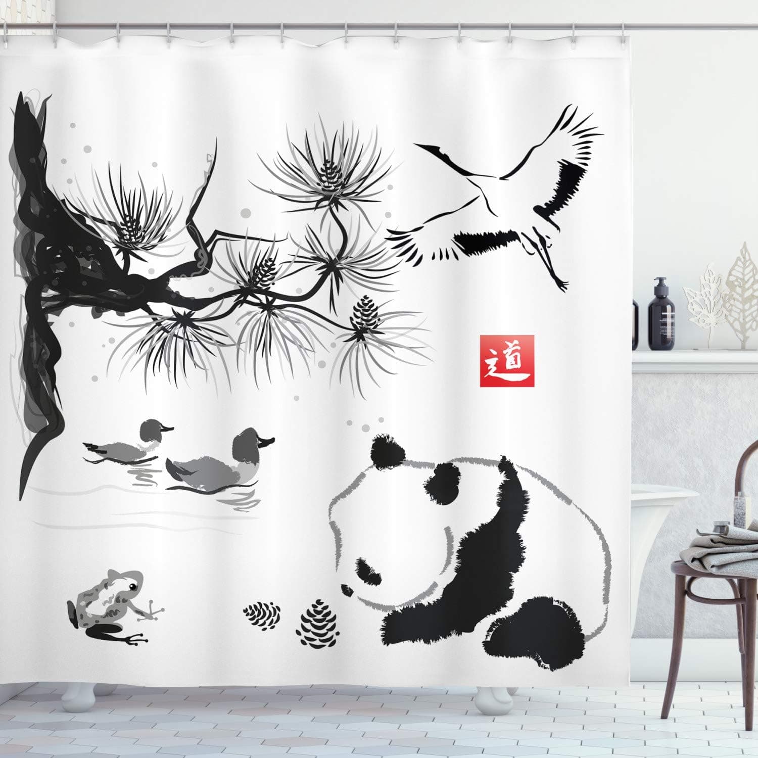 Ambesonne Asian Shower Curtain, Bird Cedar Panda Bear Traditional Japanese Painting Style Art Hieroglyph Way, Cloth Fabric Bathroom Decor Set with Hooks, 69" W x 75" L, White Grey