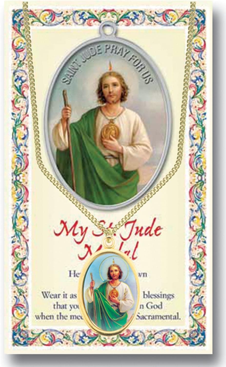 (2 8/18) NS Saint Jude Enameled Gold Embossed Medal with Gold Plated Chain & Prayer Card GOLDANA Series