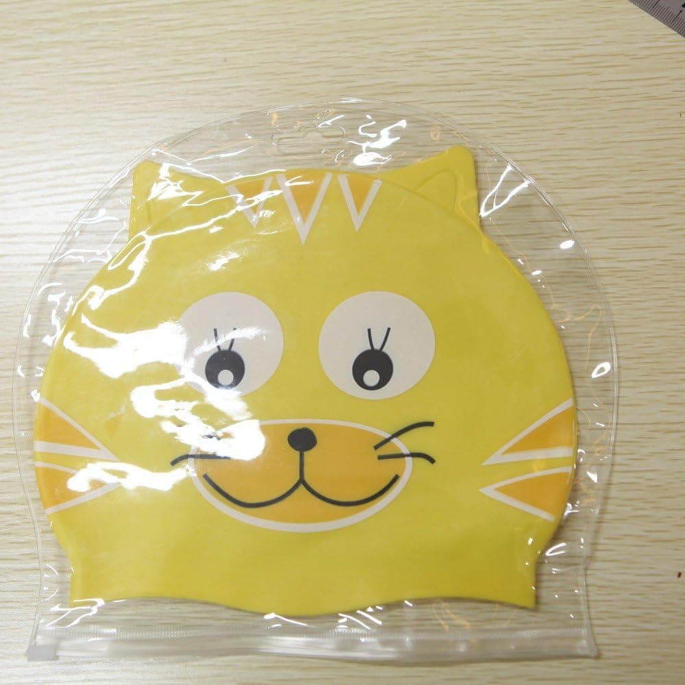 Yellow Kids Swim Cap (for Girls & Boys) - Keeps Hair Dry - Fits 4-12 Year olds. Silicone - Yellow Cat - Fun!