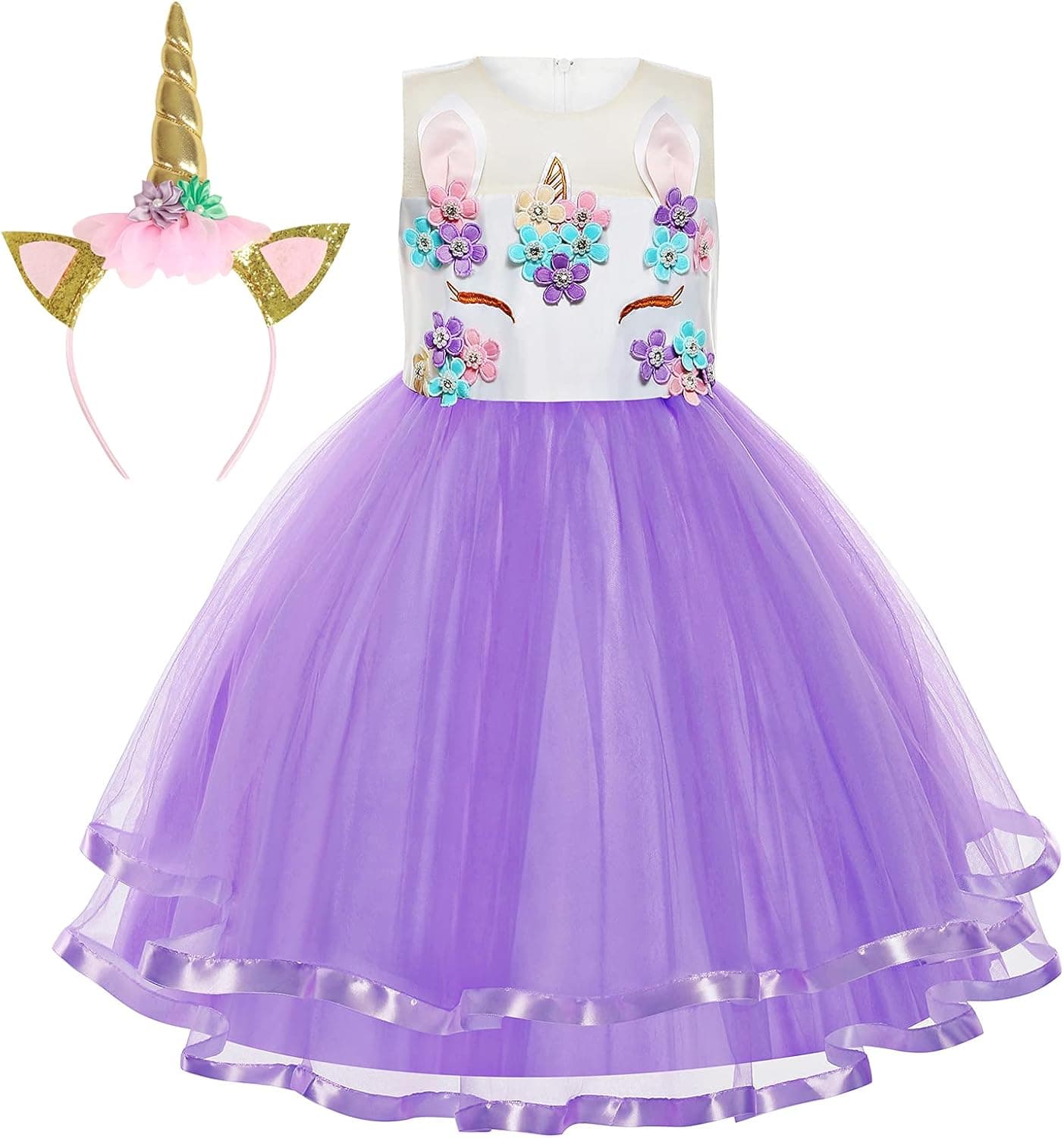 Foierp Princess Unicorn Dress for Girls - Princess Costumes Dresses up with Headband Halloween Cosplay Birthday Party