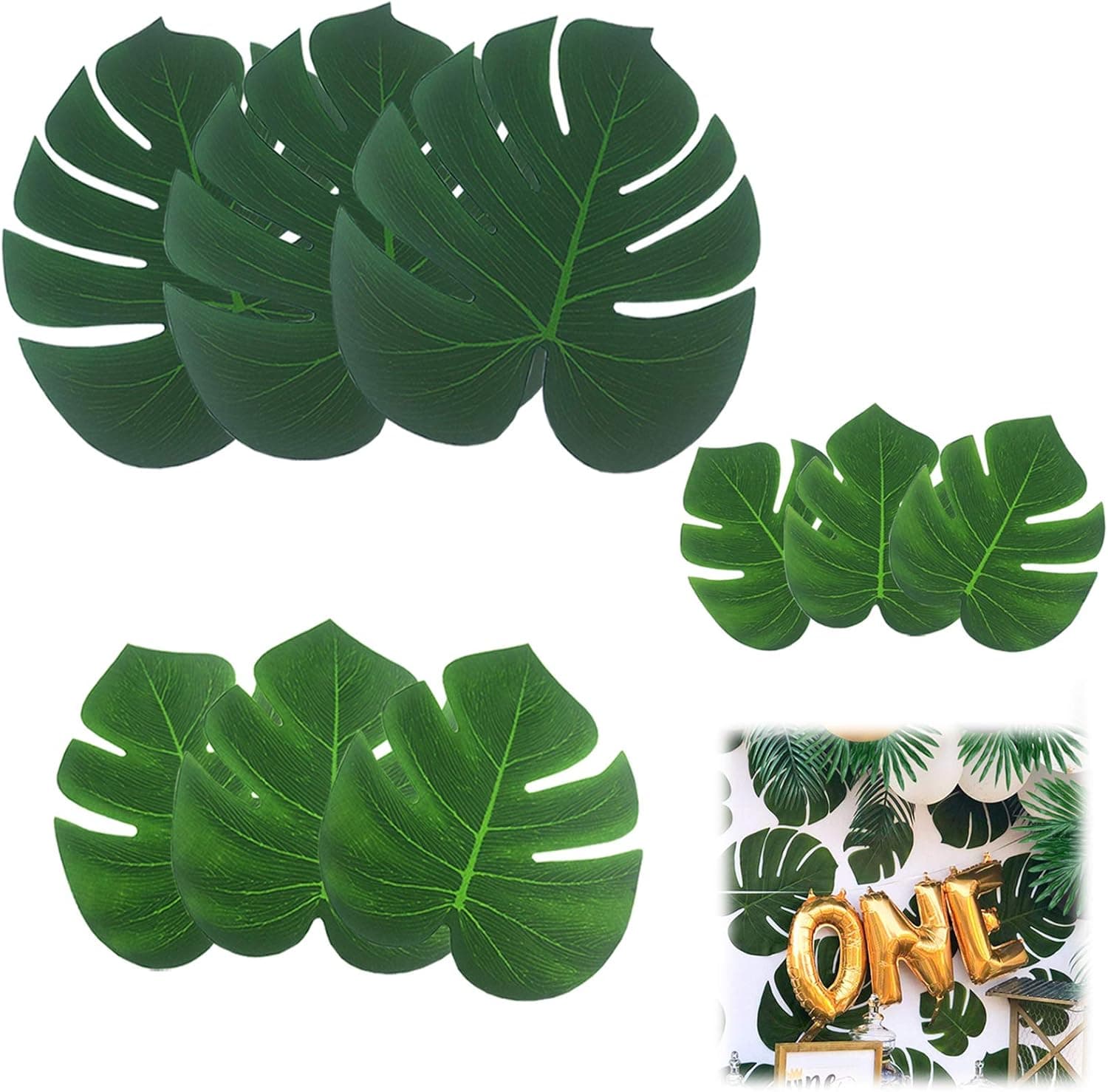 Ogrmar 72 PCS Artificial Tropical Palm Leaves Faux Monstera Green Leaf for Jungle Beach Birthday Theme Party,Wedding,Hawaiian Luau Party Decoration (3 Size)