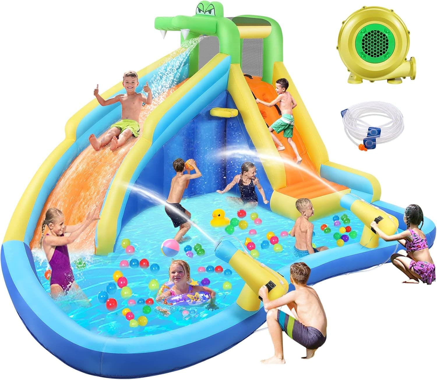 Inflatable Water Slide,Water Bounce House 7 in 1 Inflatable Waterslide Park for Kids Backyard Fun,Splash Pool,Climbing, Basketball Rim,2 Water Cannon,Shower Head Water Pool Slides Backyard