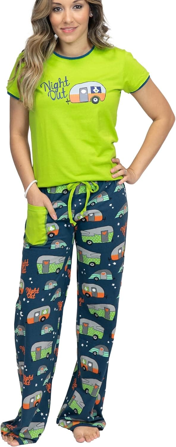 Night Out Camper Green Women's Fitted Pajama Set by LazyOne Soft Camping Pajama Sets for Women Night Out Pj Set X-Small