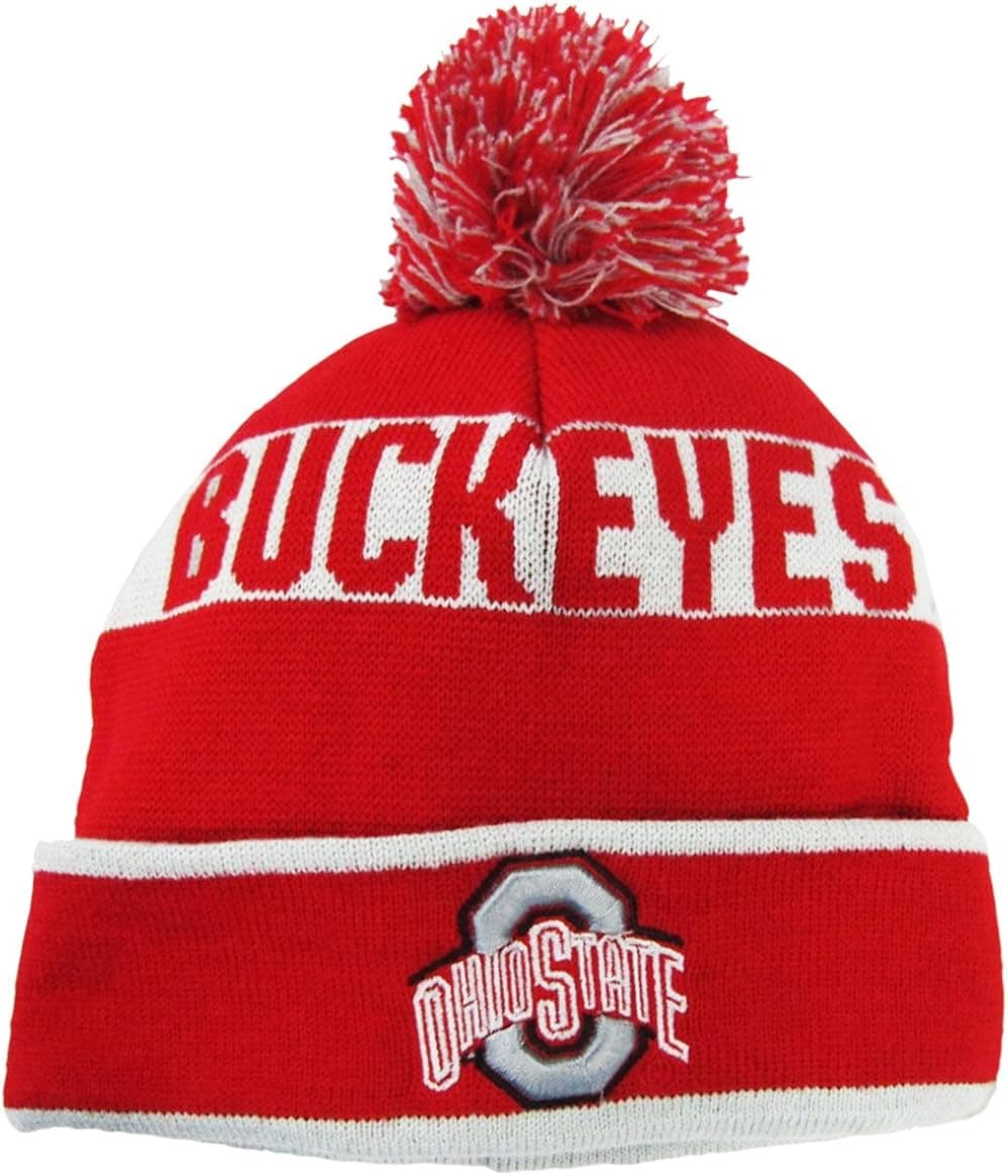 Ohio State Buckeyes Red/Grey Cuffed Pom Knit Beanie Hat / Cap