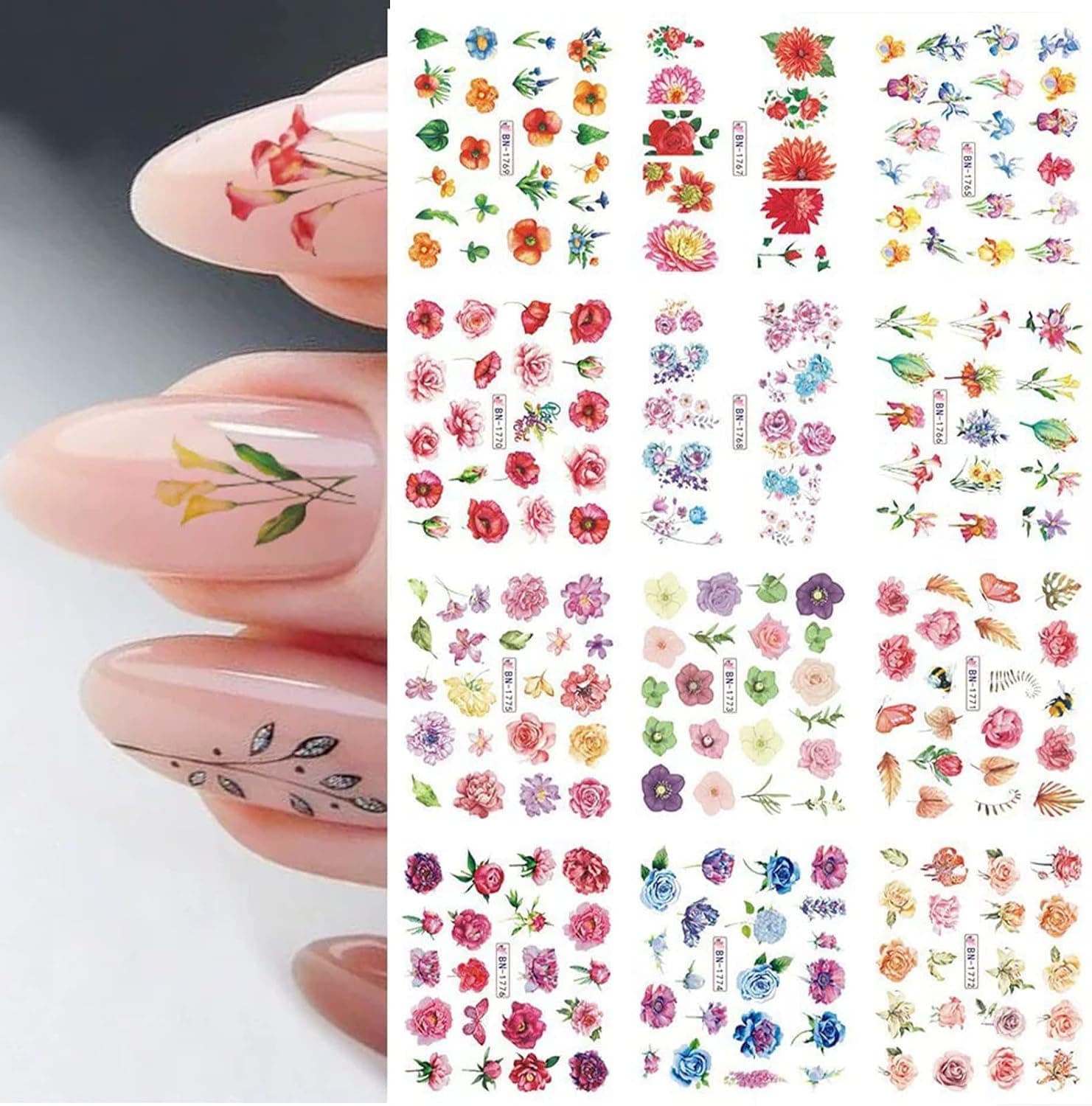 MAIOUSU STORE Nail Art Stickers, 12 Sheets Water Transfer Nail Decals Fresh Nail Stickers with Assorted Patterns Blossom Flower DIY Nail Art Decoration（Type 4）