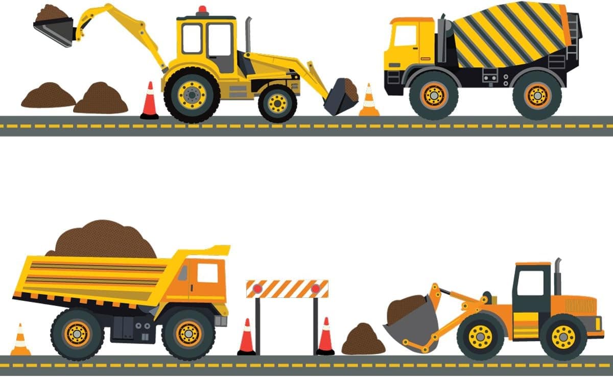 Four Construction Vehicle Wall Decals with 15 Feet Straight Gray Road Wall Decals Peel and Stick!
