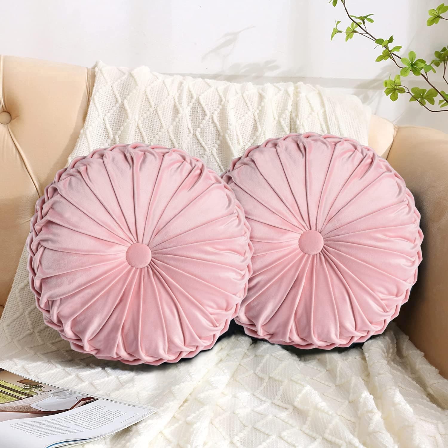 BRHF Pack 2 Boho 3D Pumpkin Throw Pillows, Decorative Round Velvet Pillows with Handcrafted Pleated Design, Retro Accent Meditation Pillows for Sofa Chair Dorm Car, 2 Pcs, Pink, 14.5 inches Diameter