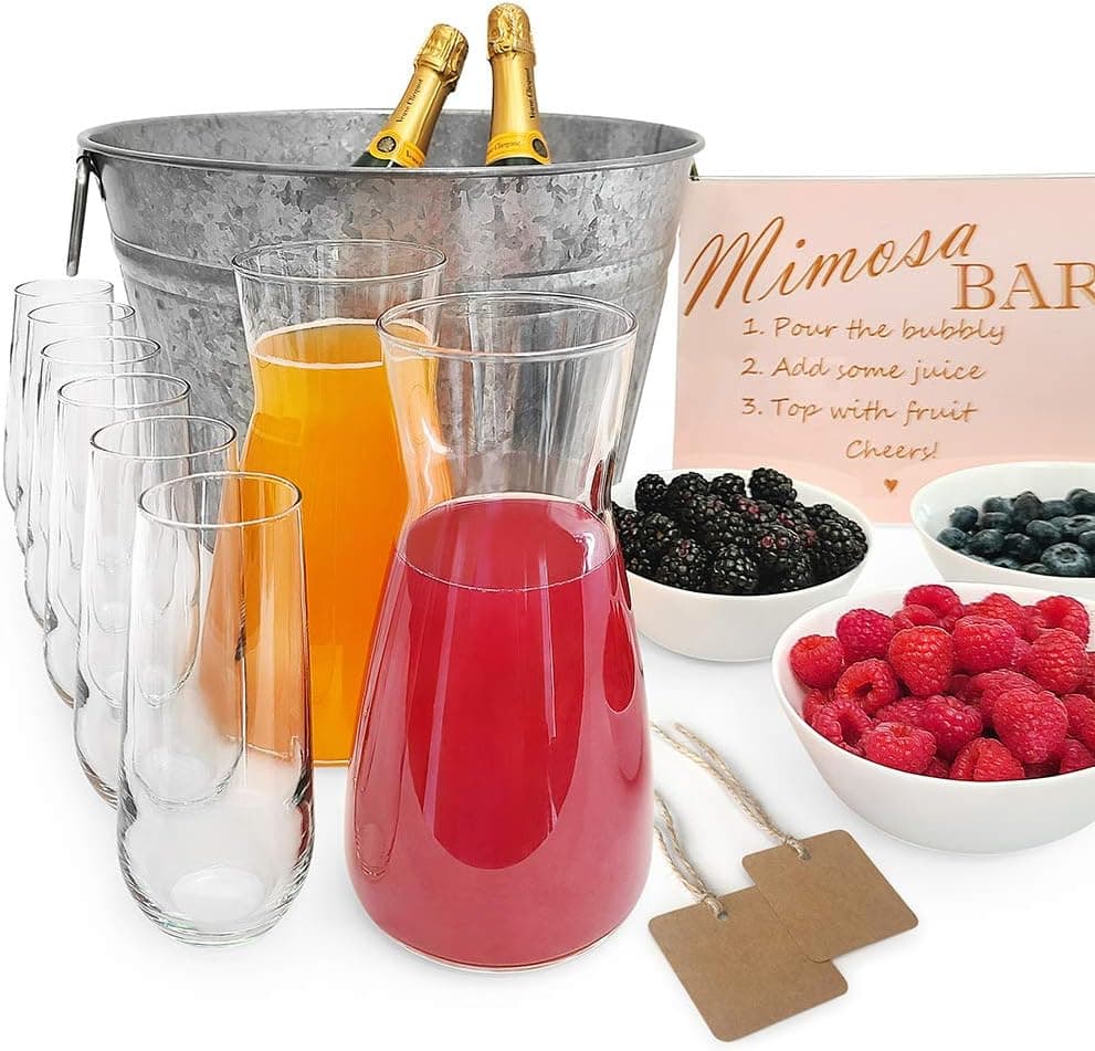 AFKK Capriccio Mimosa Bar Kit - Mimosa Bar Supplies Include Glass Carafes, Champagne Flutes, Bowls, Steel Ice Tub, Bar Sign. Ideal Gift, for Bridal Shower or Wedding Registry. 17-Piece Set