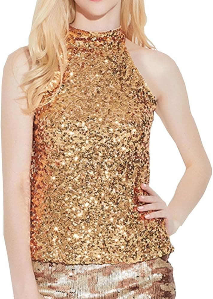 conmajestic Women's Halterneck Sequins Embellished Sleeveless Tank Top Vest