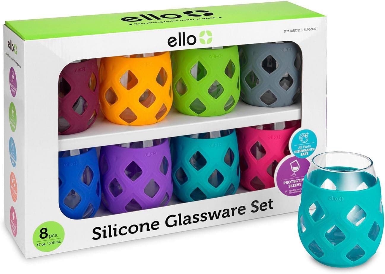 8 pc Ello Silicone Sleeve Glassware 17 oz each Assorted