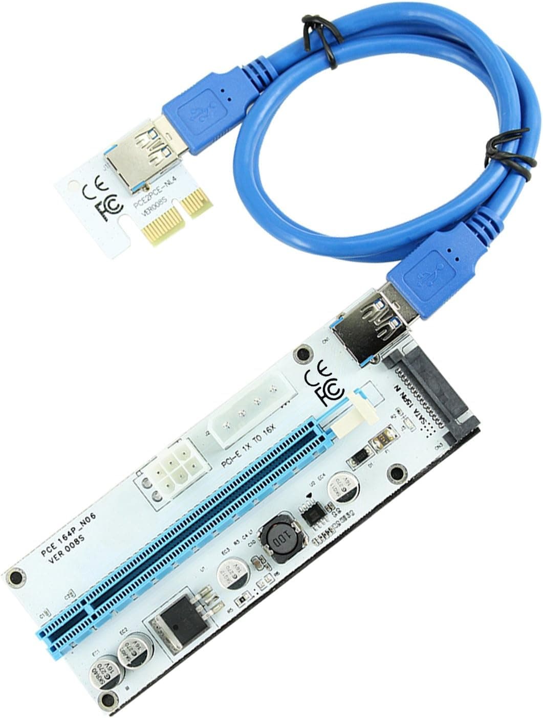 CFIKTE VER 008S PCI-E Express Cable 1X TO 16X Graphics Extension Ethereum ETH Mining Powered Riser Adapter Card, 60cm USB 3.0 Cable, 4 Solid Capacitors,15pin Male to 6pin Power Slot Connector (1 Pack)