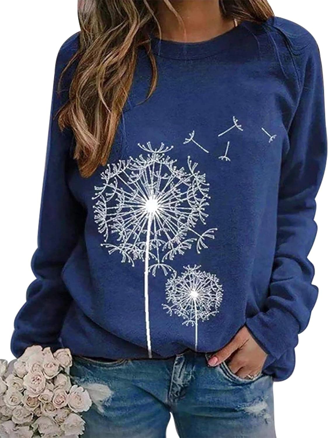 Womens Dandelion Sweatshirt Casual Crewneck Loose Pullover Tops Long Sleeve Graphic Tee Shirt