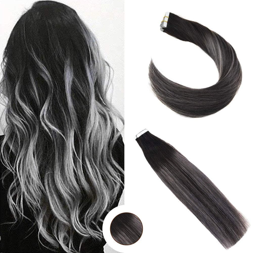 Ugeat Balayage Tape in Hair Extensions 20pcs 16 inches Remy Human Hair Ombre #1B Black Fading to Silver Mixed #1B 50G Seamless Skin Tape in Hair Extensions