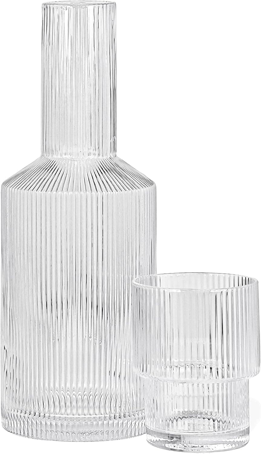 Red Co. Textured Round Clear Glass Bedside Water Serving Carafe with Tumbler – 2-Piece Beverage Set