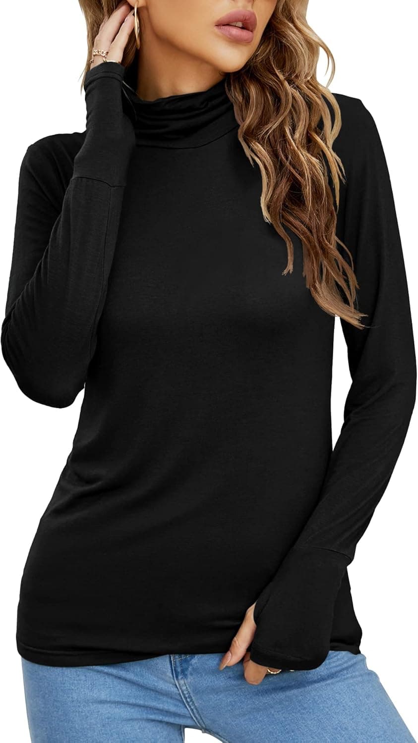 LUYAA Women's Long Sleeve Turtleneck Lightweight Slim Active T Shirts Thumb Holes for Fall Spring Winter