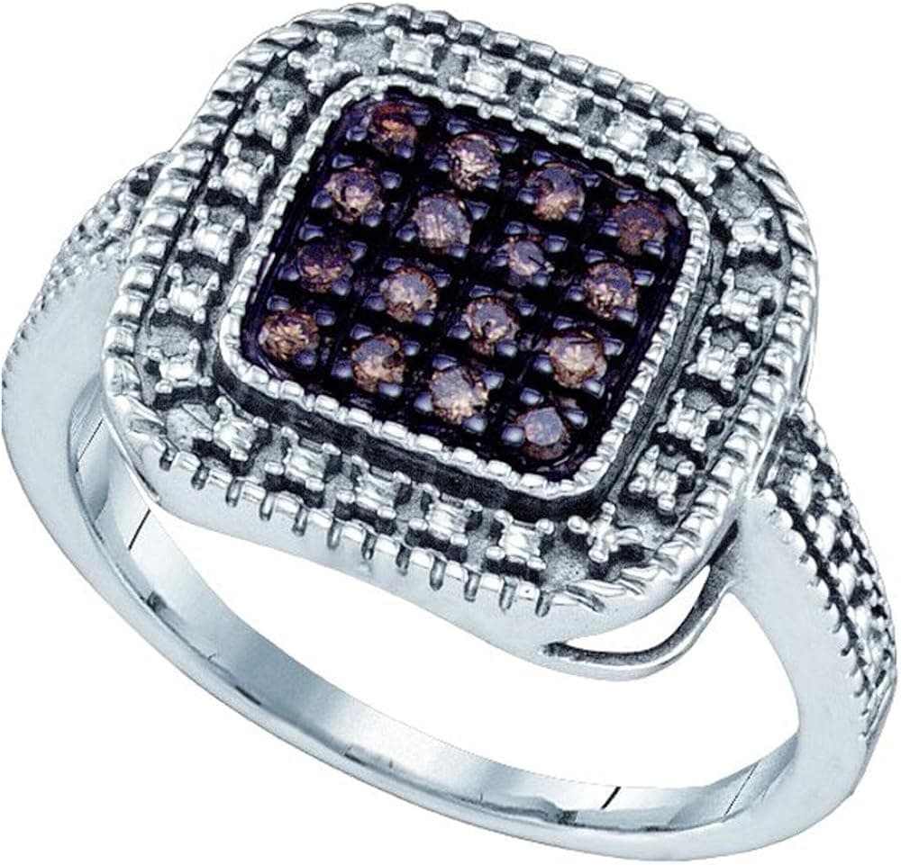.925 Sterling Silver White and Chocolate Brown Diamond Milgrain Halo Engagement OR Fashion Right Hand Ring Band - Square Princess Shape Center Setting w/Micro Pave Set Round Diamonds - (1/5 cttw)
