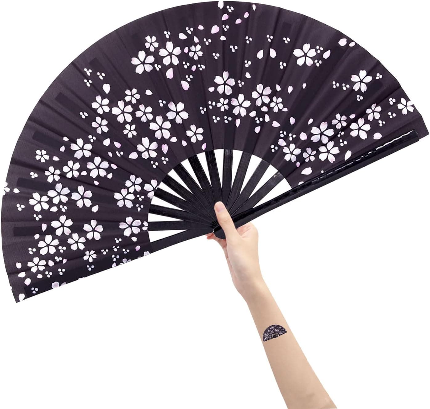 Amajiji Large Hand Folding Fans, 13 Inch Bamboo Rave Festival Folding Fan for Women and Men. Exquisite Design Hand Fan Rave Accessories for Decoration Gift Performance Party Dance (Sakura)