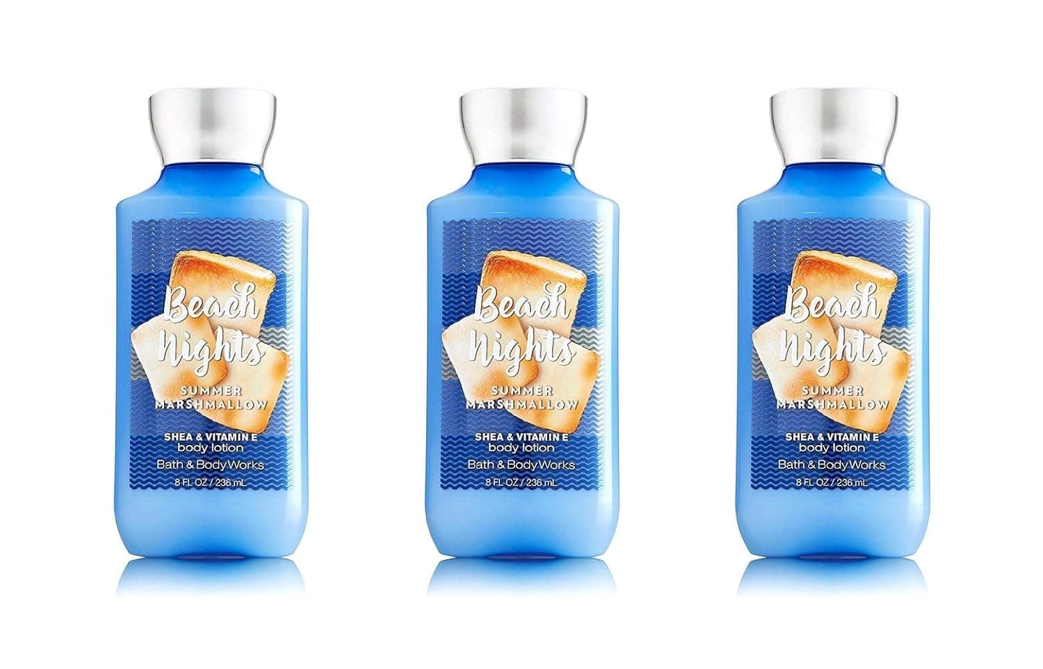 Lot of 3 Bath & Body Works Beach Nights Summer Marshmallow Shea & Vitamin E Body Lotion 8 oz
